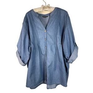 Club Z Plus Size Chambray Tunic Button Front Roll Tab Sleeves Pintuck